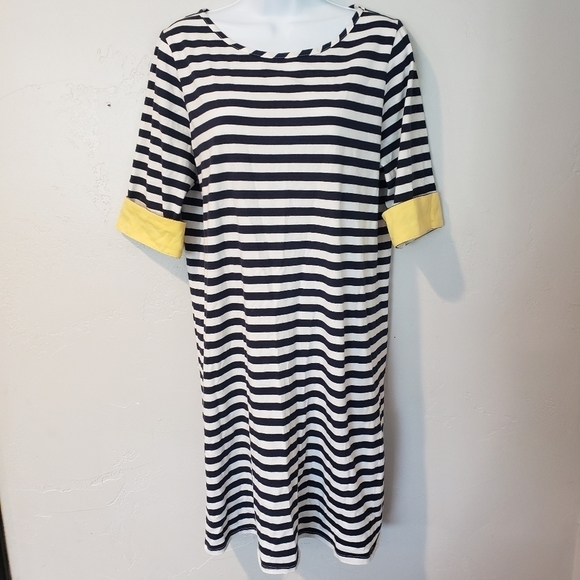 Basic Editions Small Navy Blue & White Stripes Shirt Dress Yellow Cuff - Picture 1 of 7